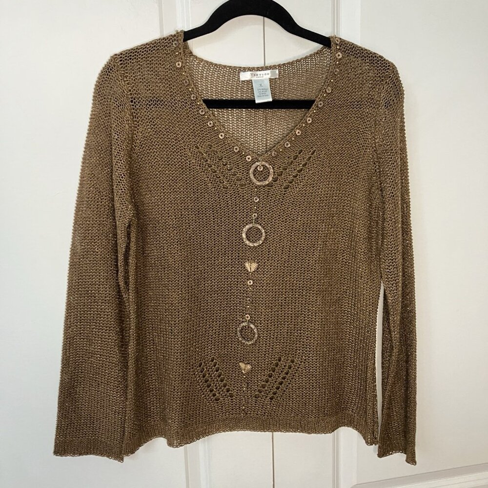 Y2K Vertigo Knit Mesh Sheer Top Womens‎ Brown Beaded Fairy Grunge Vintage